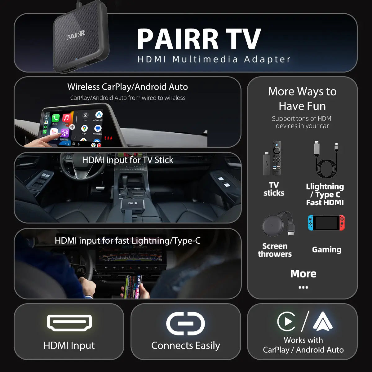 GetPairr TV-HDMI Multimedia Wireless CarPlay/Android Auto Adapter