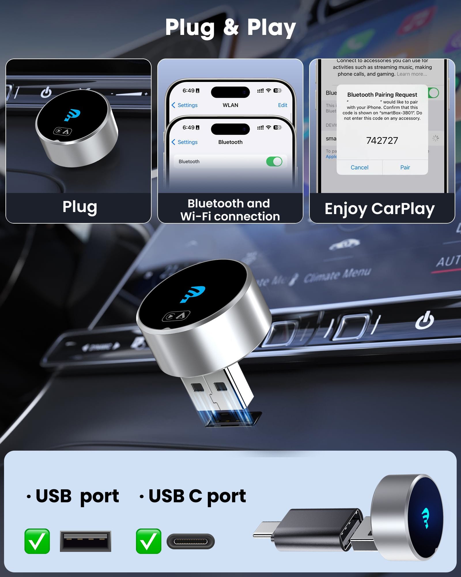 2026 Mejorado GetPairr® MiniPod3.0 | Adaptador inalámbrico CarPlay y Android Auto