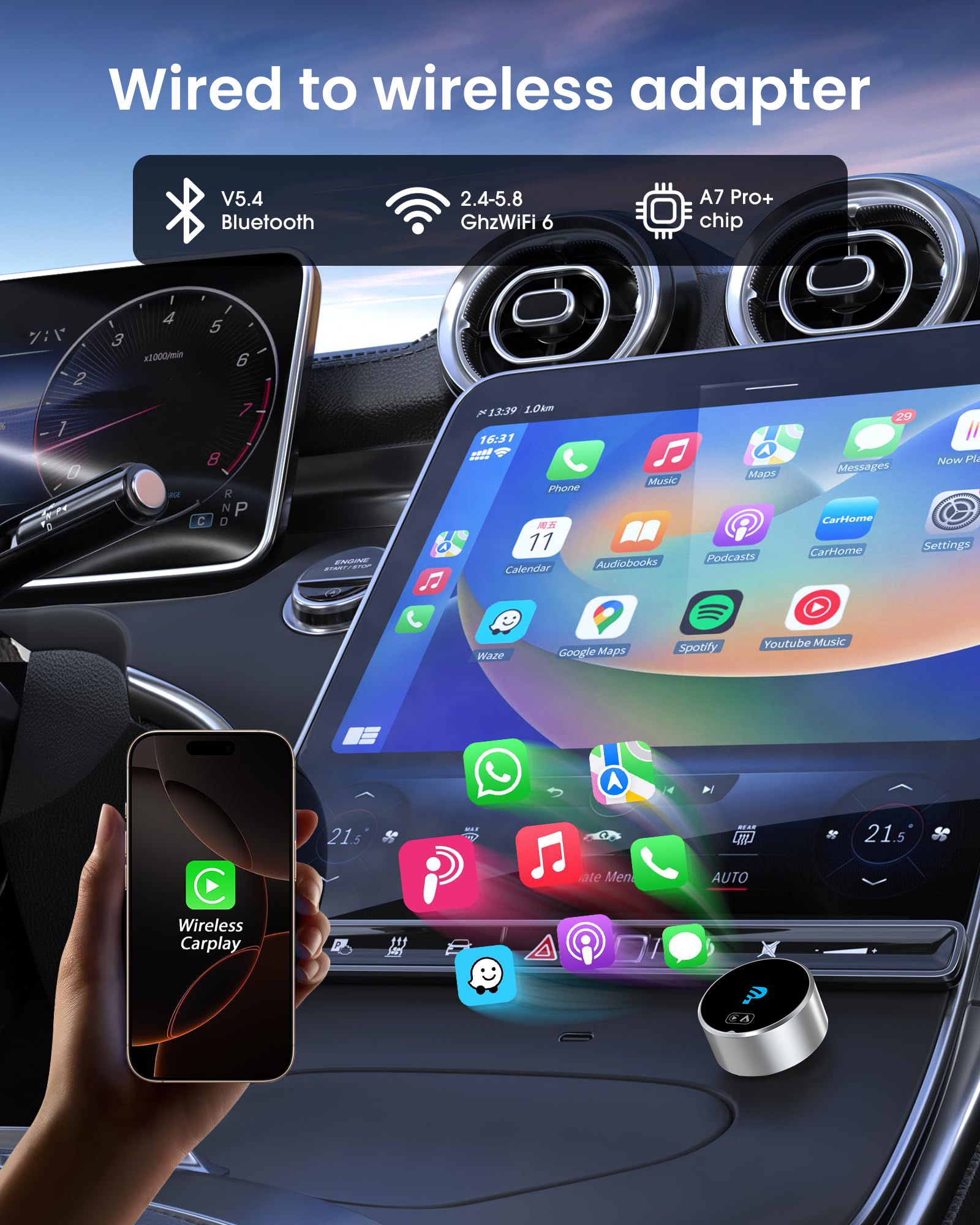 2026 Mejorado GetPairr® MiniPod3.0 | Adaptador inalámbrico CarPlay y Android Auto