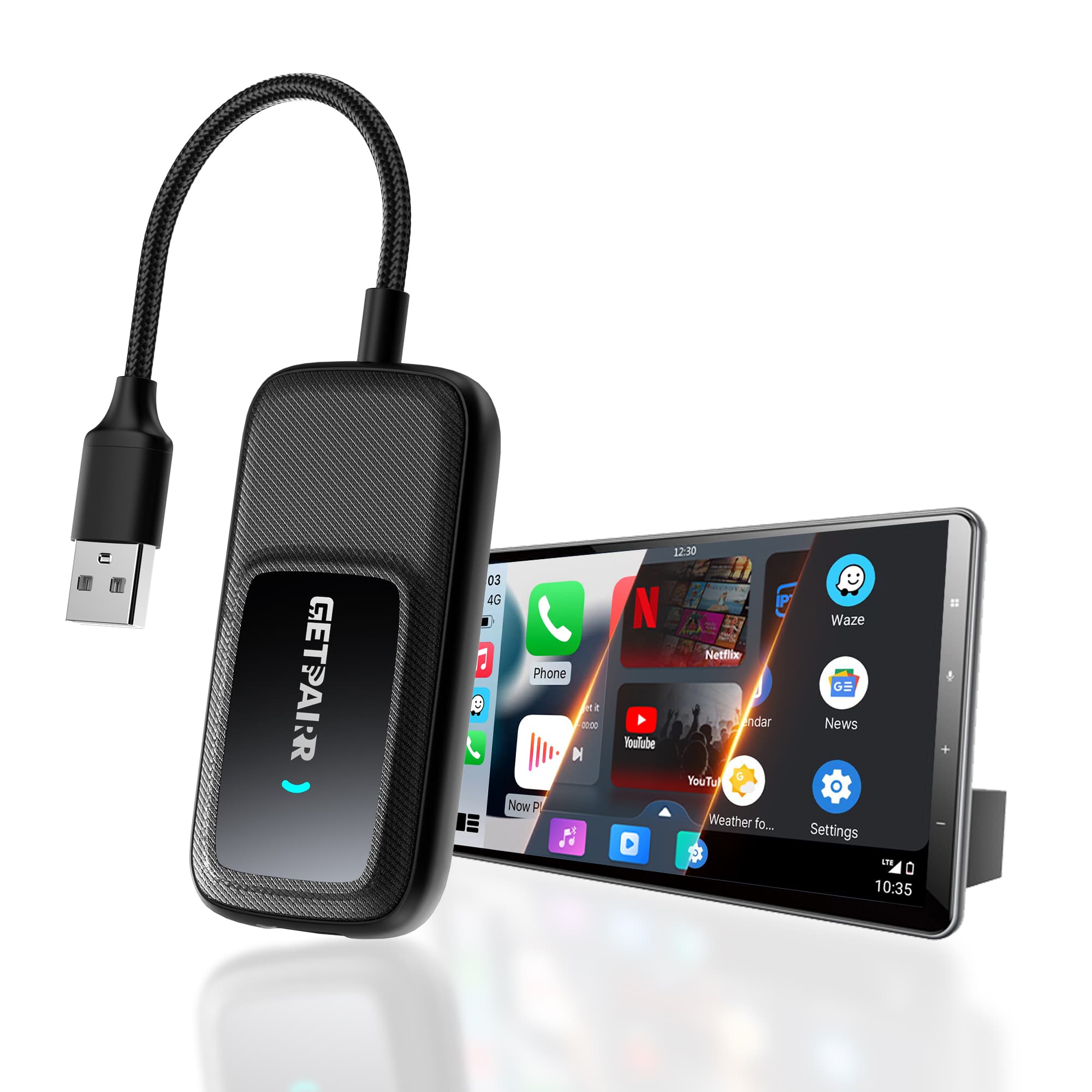 GetPairr Go · Adaptateur sans fil tout-en-un CarPlay et Android Auto avec Hub d'application