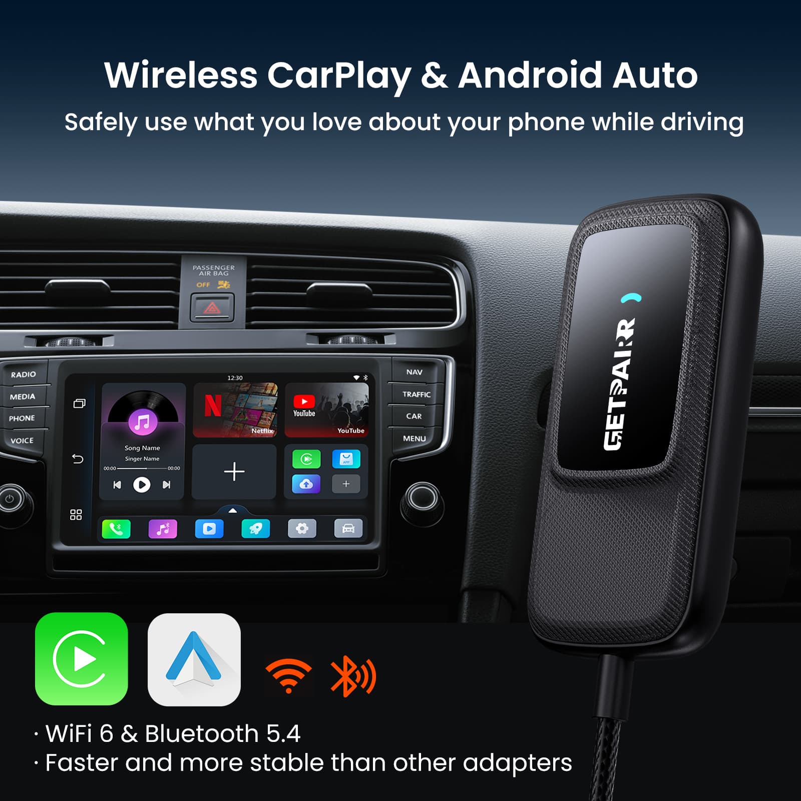 GetPairr Go · Adaptateur sans fil tout-en-un CarPlay et Android Auto avec Hub d'application