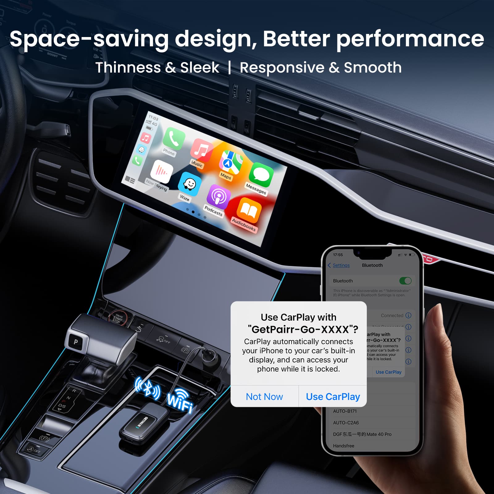 GetPairr Go · Adaptateur sans fil tout-en-un CarPlay et Android Auto avec Hub d'application